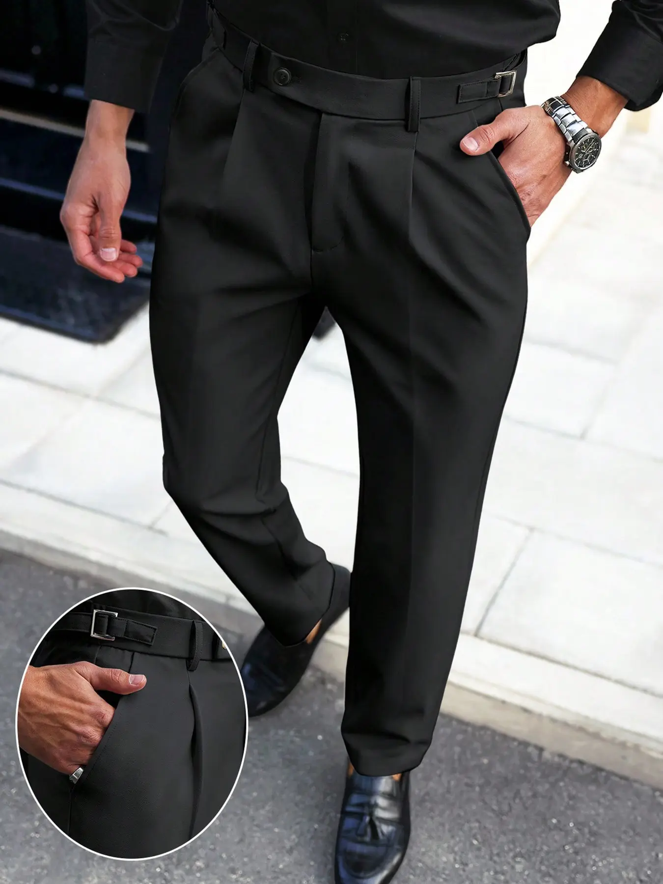 Men's Business Button Fly Elastic Waist Pants, Woven Fabric, All-Season Wear, Casual Fitted Pants with Pockets, Casual Fit Bottoms