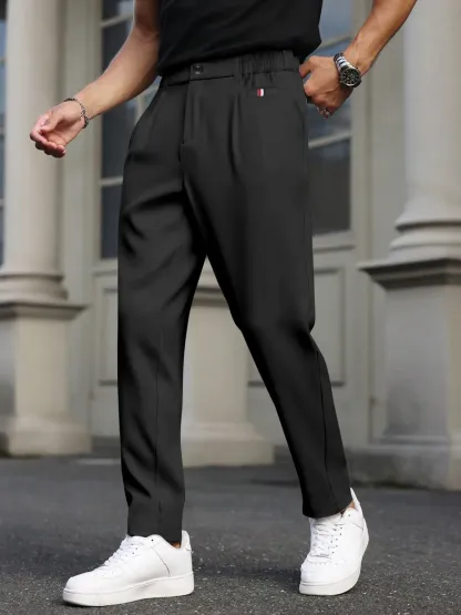 Men's Business Button Fly Elastic Waist Pants, Woven Fabric, All-Season Wear, Casual Fitted Pants with Pockets, Casual Fit Bottoms