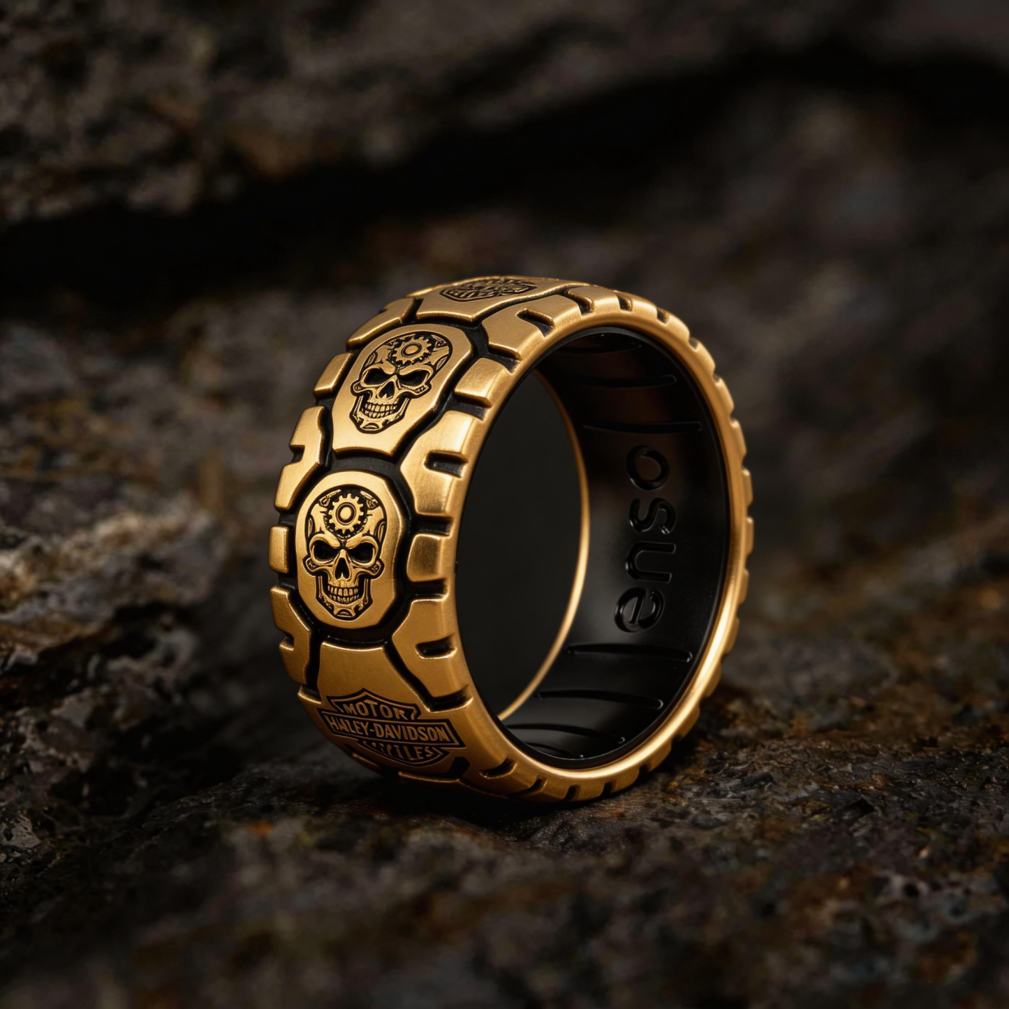 Vintage Harley-style rubber tire texture gold ring