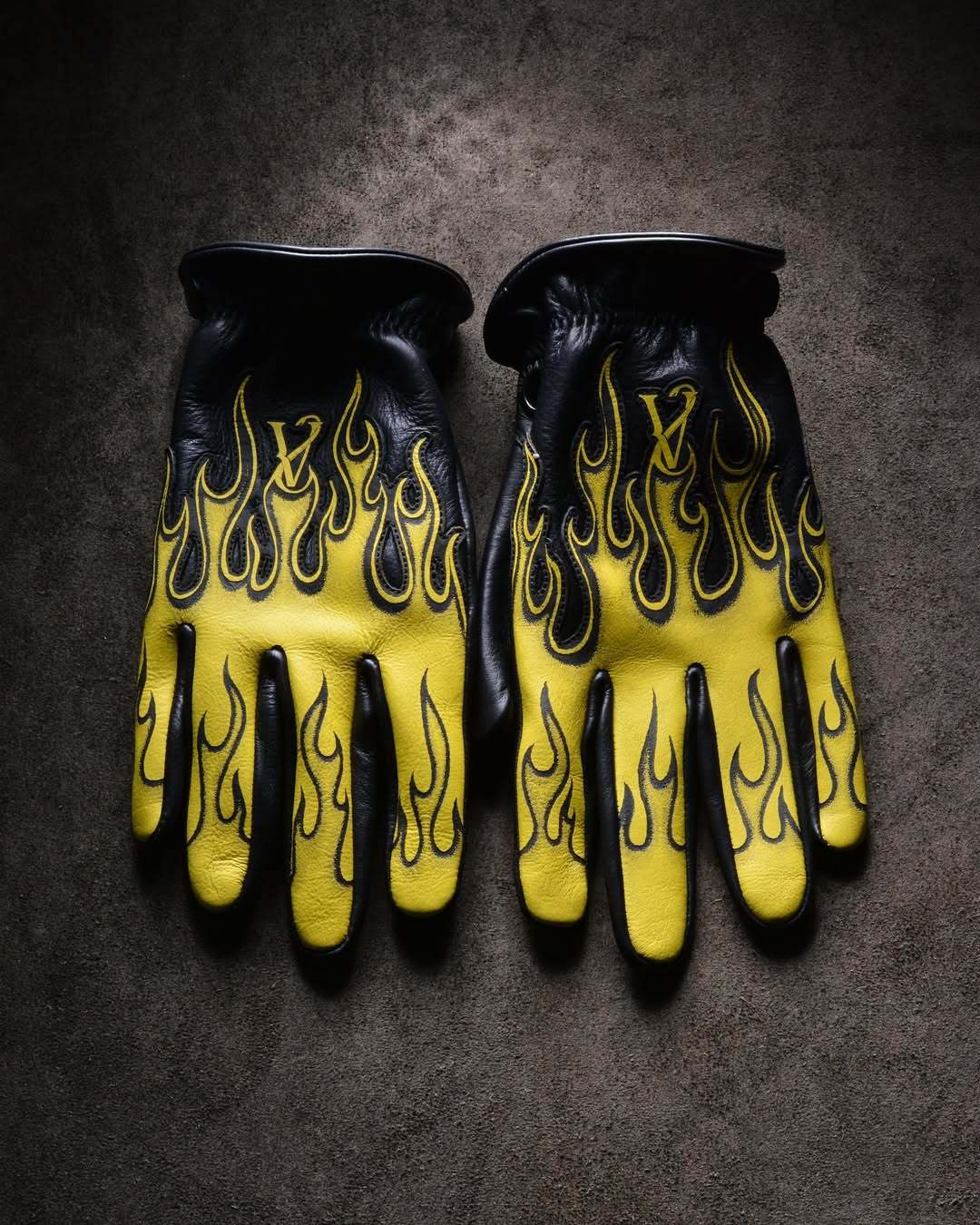 Classic Rockabilly Style Bright Yellow Flame Graphic Leather Gloves
