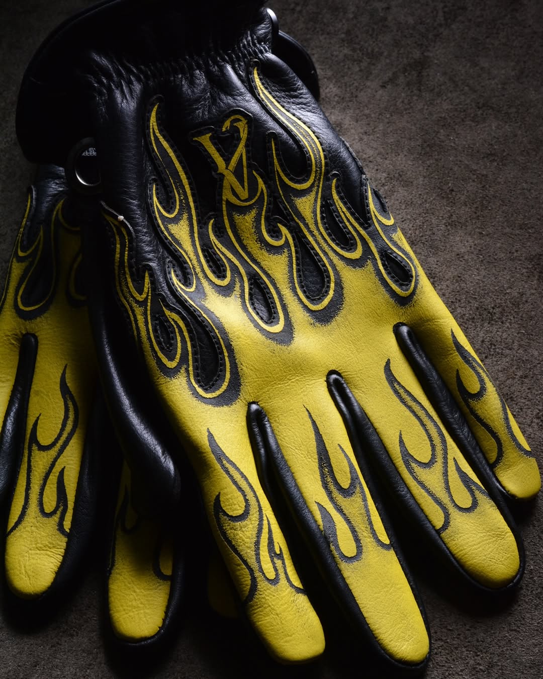 Classic Rockabilly Style Bright Yellow Flame Graphic Leather Gloves