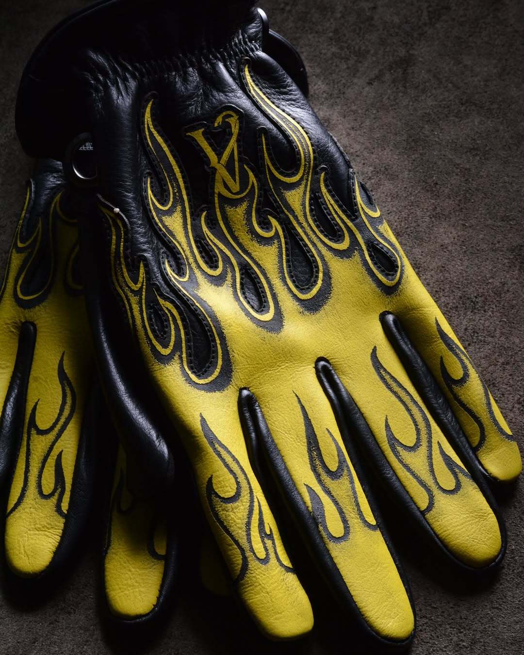 Classic Rockabilly Style Bright Yellow Flame Graphic Leather Gloves