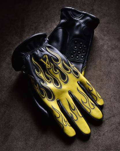 Classic Rockabilly Style Bright Yellow Flame Graphic Leather Gloves