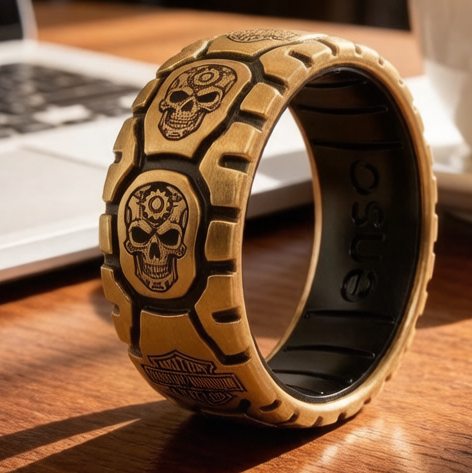 Vintage Harley-style rubber tire texture gold ring