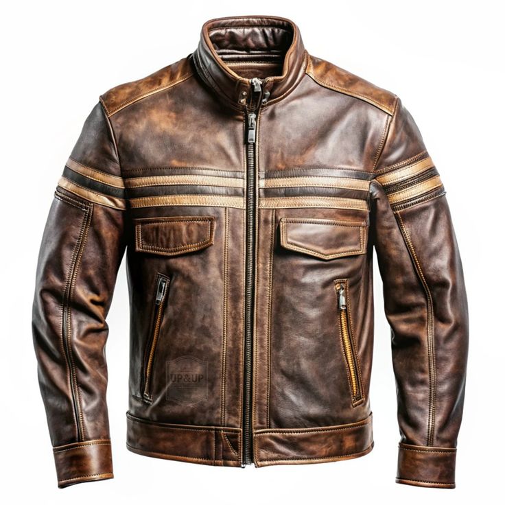 Men's Retro Motorcycle Washed Leather Stand-Up Collar Jacket