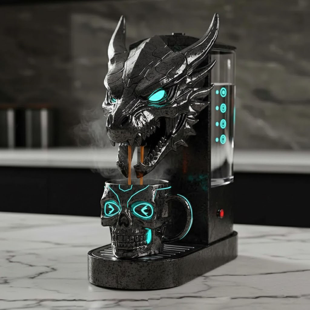 Dark Aesthetic Dragon Coffee Maker with Commanding Presence