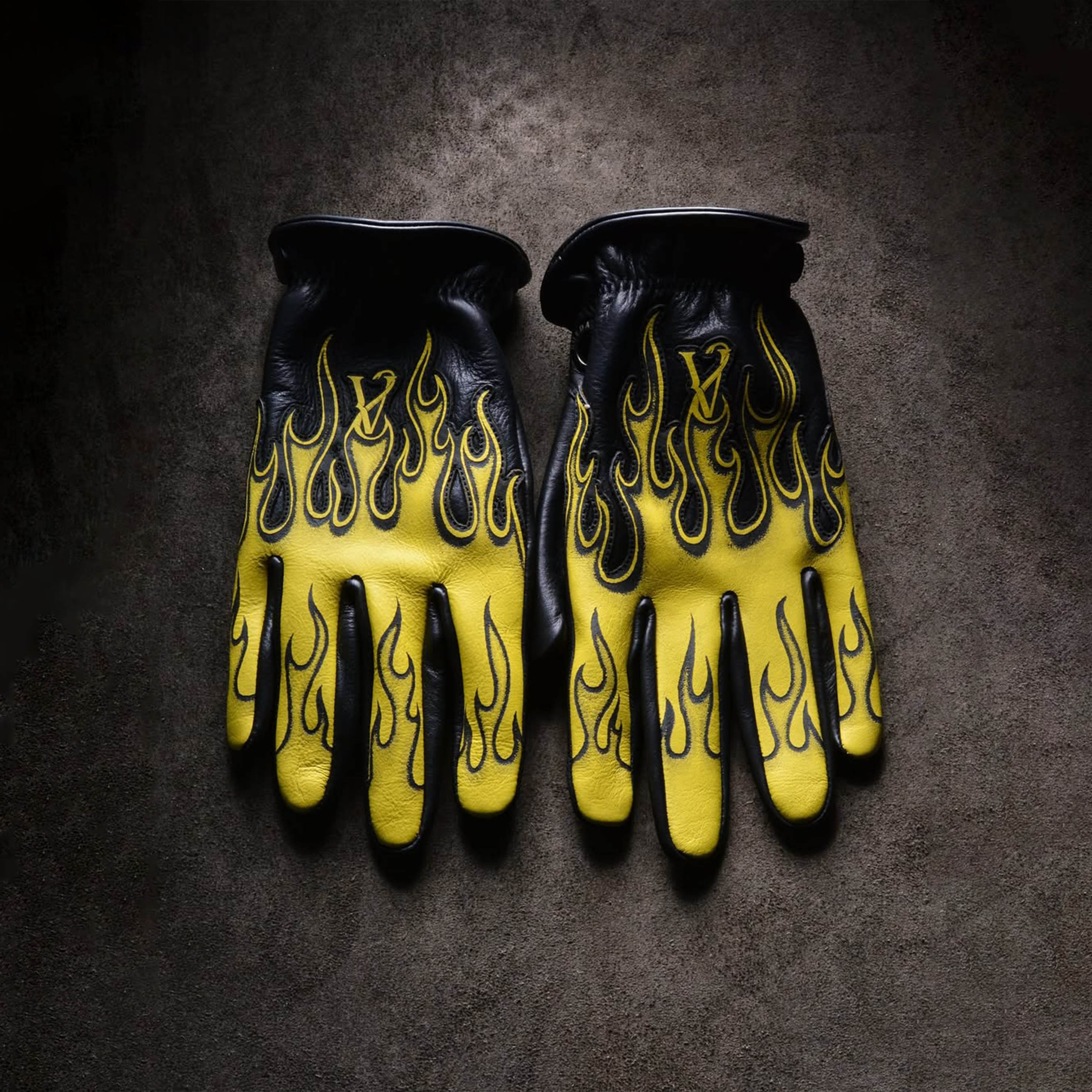Classic Rockabilly Style Bright Yellow Flame Graphic Leather Gloves