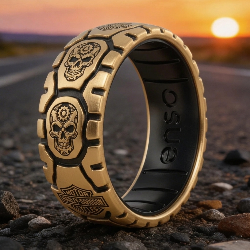 Vintage Harley-style rubber tire texture gold ring