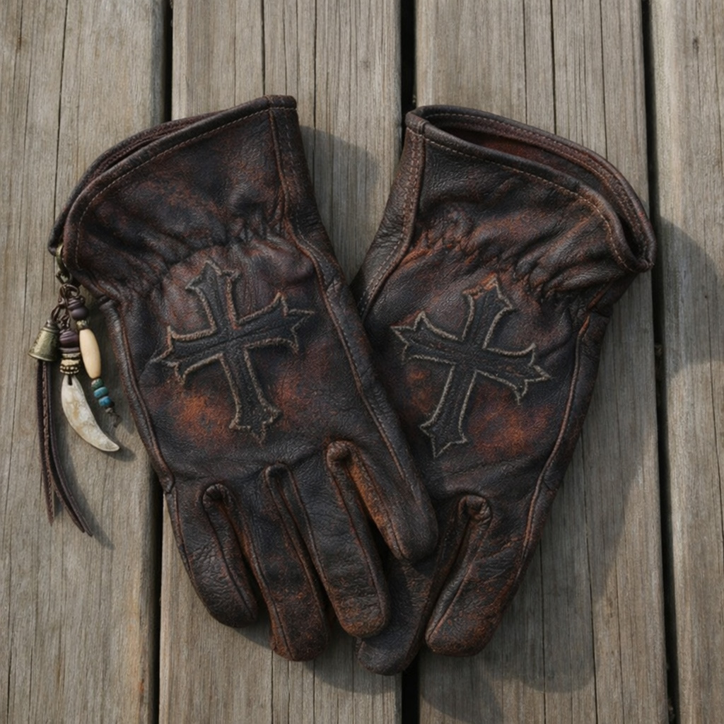 Gothic Vibe Dark Distressed Leather Embroidered Cross Gloves
