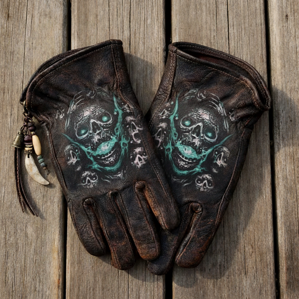 Print Vintage Leather Work Gloves.