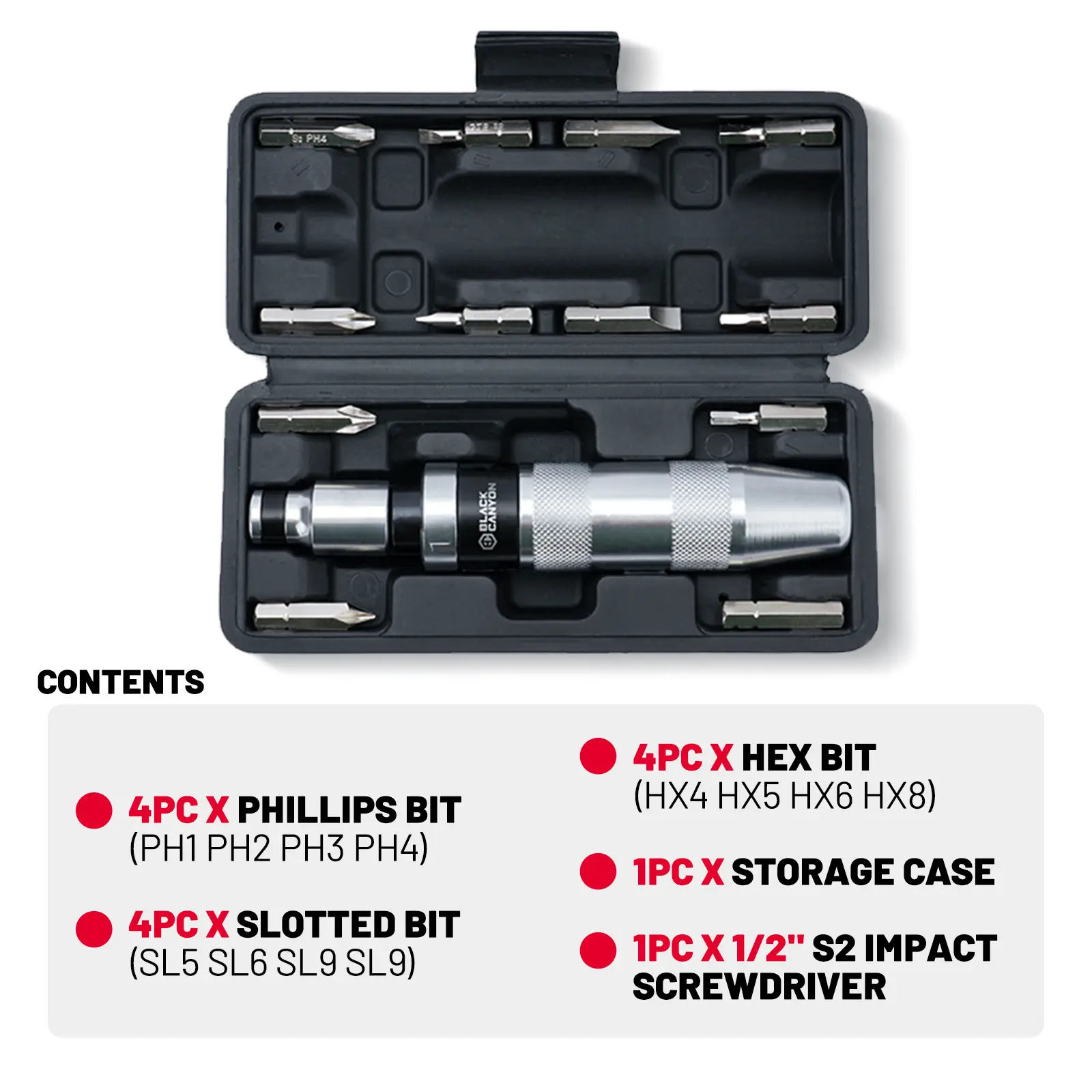 Black Canyon™ Heavy-Duty Manual Impact Driver Set | S2 Steel Reversible Screwdriver | 12-Piece Kit to Break Loose Rusted & Frozen Bolts