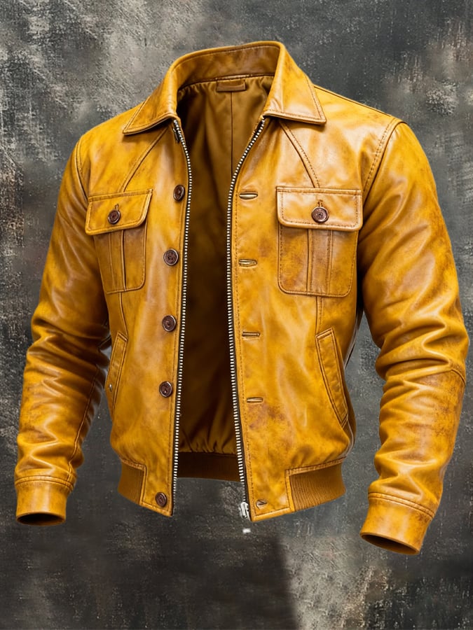 Men's Retro Wax Yellow Leather Multi-Pocket Outdoor Jacket