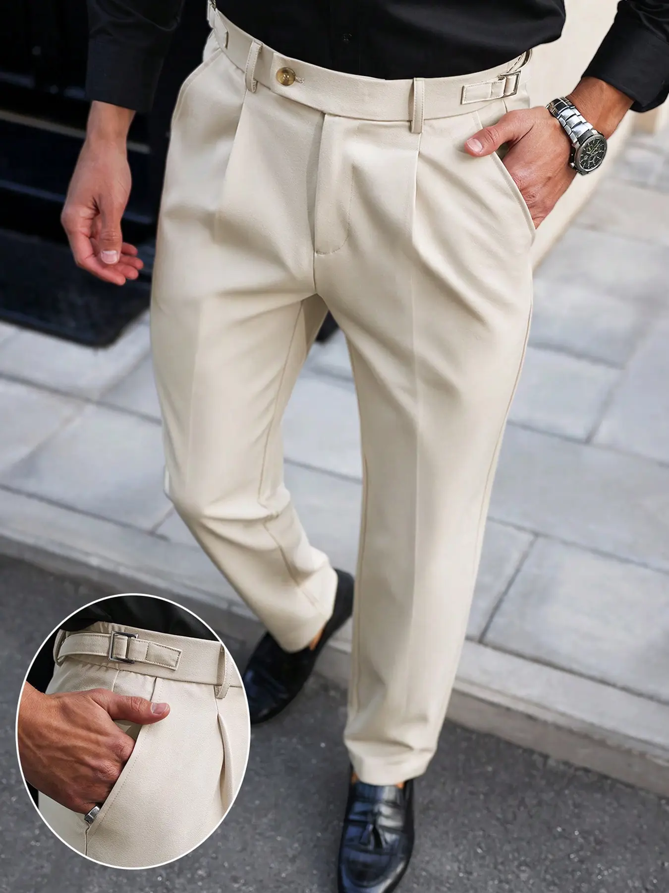 Men's Business Button Fly Elastic Waist Pants, Woven Fabric, All-Season Wear, Casual Fitted Pants with Pockets, Casual Fit Bottoms