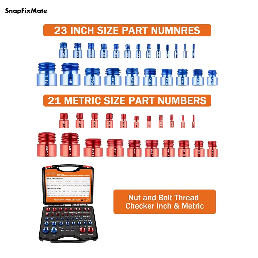 Snapfixmate 44PCS Nut and Bolt Thread Checker - Comprehensive Bolt Size and Thread Gauge Tool, Inch & Metric Sizes, with Handy Tool Box, Excellent for Home Garages and Car Repairs