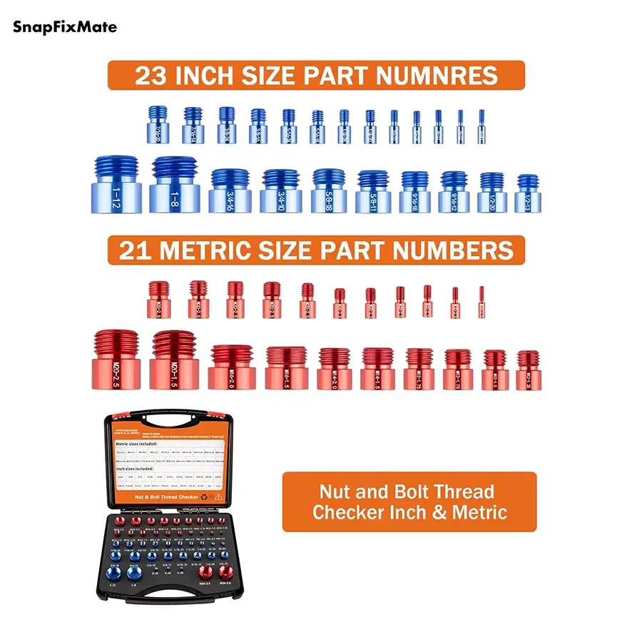 Snapfixmate 44PCS Nut and Bolt Thread Checker - Comprehensive Bolt Size and Thread Gauge Tool, Inch & Metric Sizes, with Handy Tool Box, Excellent for Home Garages and Car Repairs