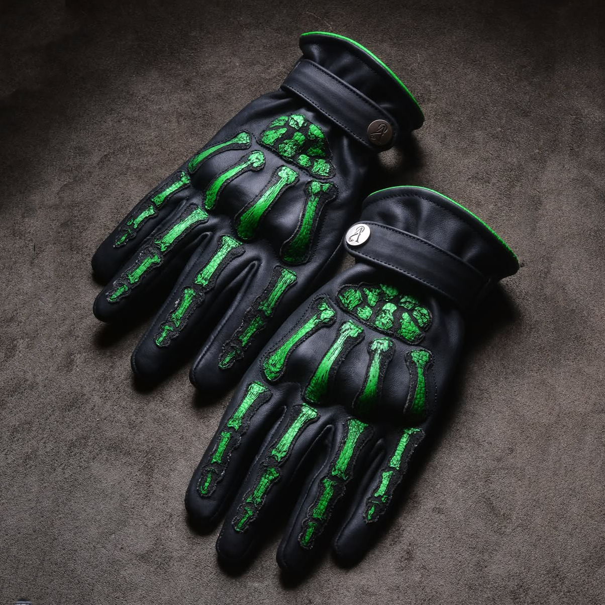 Dark Gothic Style Green Bone Graphic Leather Biker Gloves