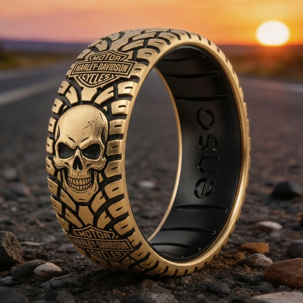 Vintage Harley-style rubber tire texture gold ring