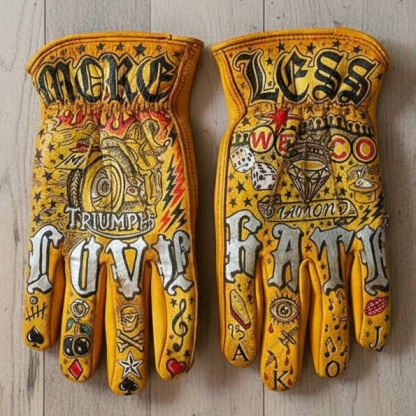 Vintage Hand-Painted Tattoo Style Leather Motorcycle Gloves