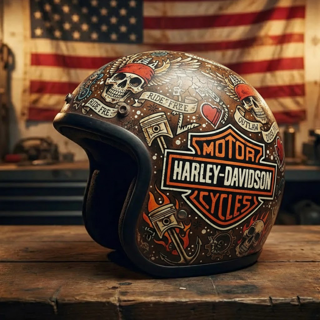 Retro Flashback: Traditional Tattoo Art Biker Helmet