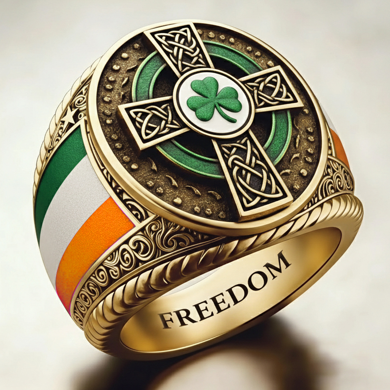 Irish Celtic Style Lucky Shamrock Green Cross Memorial Ring