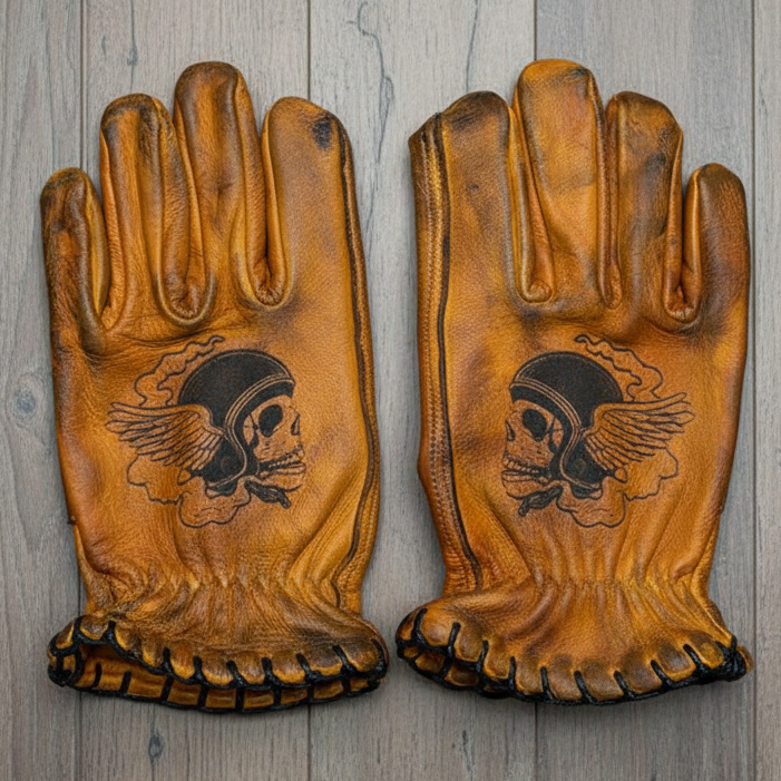 Gothic Steampunk Winged Skull Pilot Graphic Distressed Leather Riding Gloves