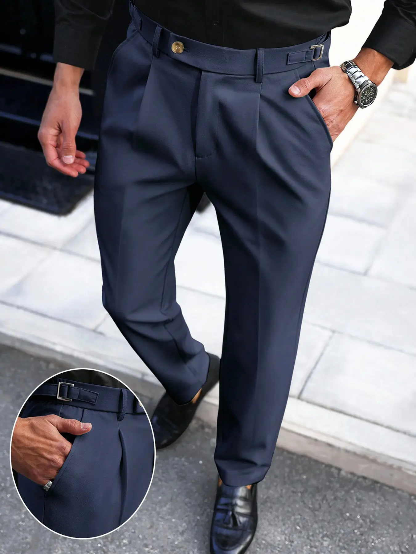 Men's Business Button Fly Elastic Waist Pants, Woven Fabric, All-Season Wear, Casual Fitted Pants with Pockets, Casual Fit Bottoms