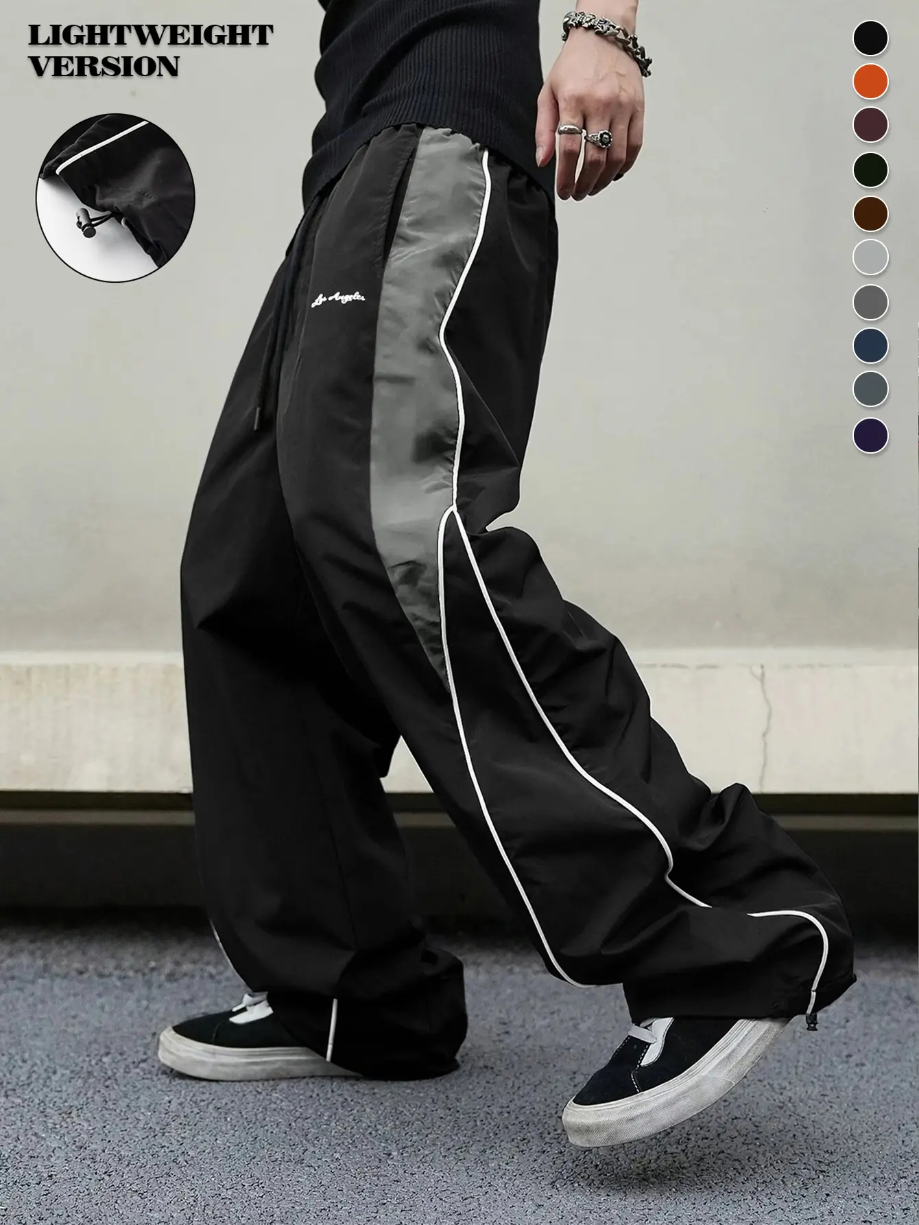 Men's high street style contrasting color splicing side striped tied wide-leg pants, American retro Los Angeles printed design loose drape sweatpants, multi-color optional thin casual pants are suitable for spring and summer wear