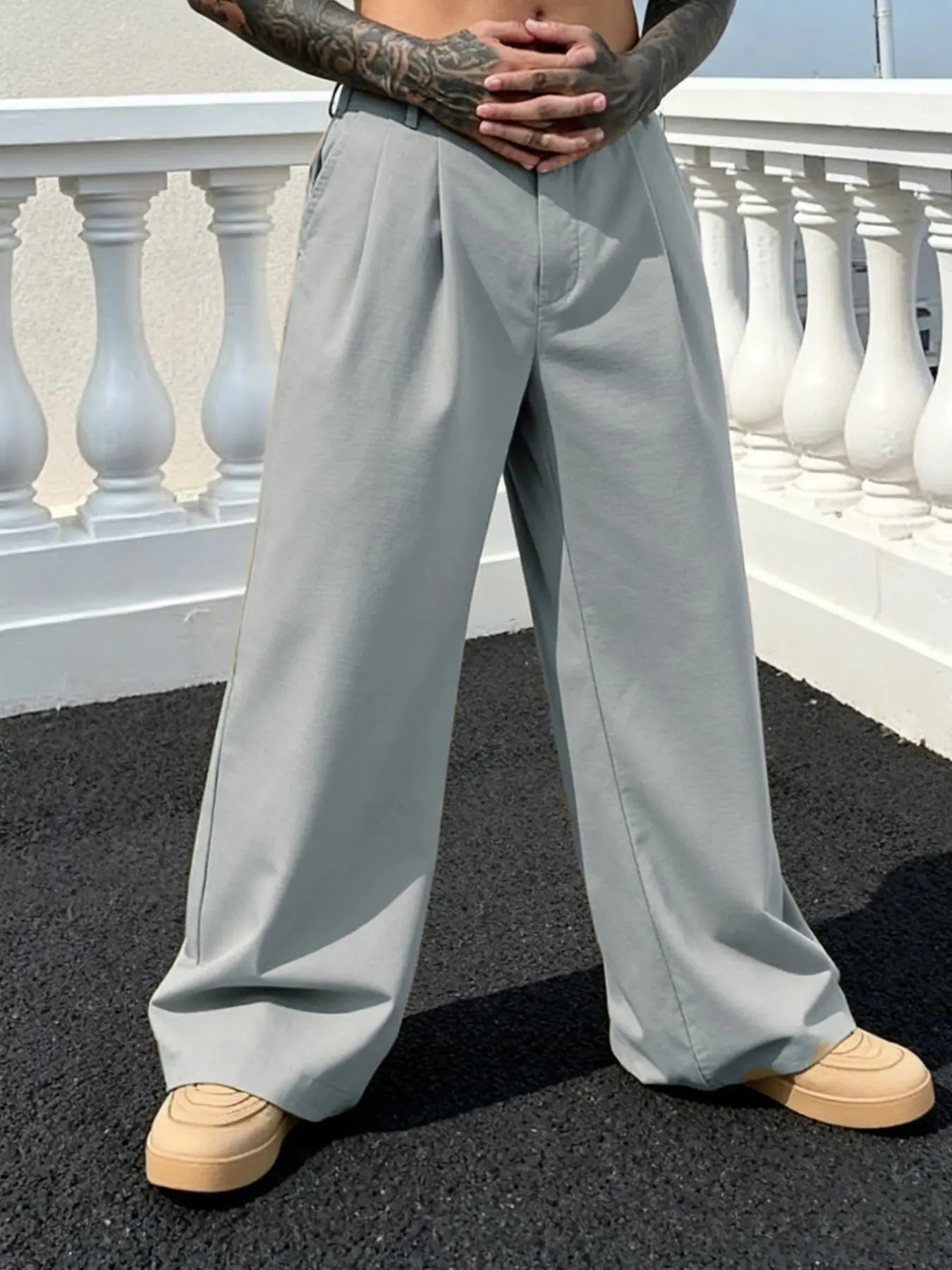 Men's Versatile Solid Color Wide Leg Pants, Unique Button Design, Fitted Style Perfect for Parties and Daily Wear, Casual Fitted Trousers, Casual Fashion Trousers