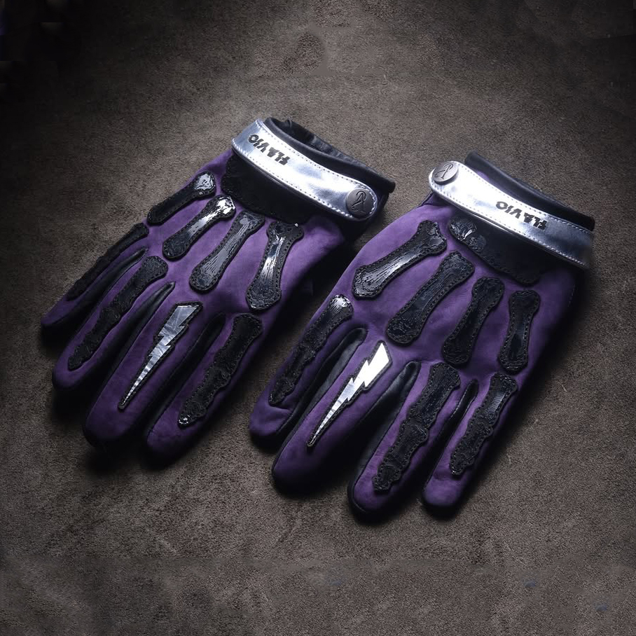 Mystic Gothic Purple Suede Skeleton Bone Lightning Patterned Gloves