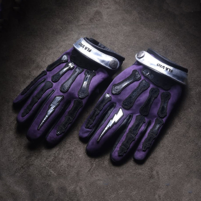 Mystic Gothic Purple Suede Skeleton Bone Lightning Patterned Gloves