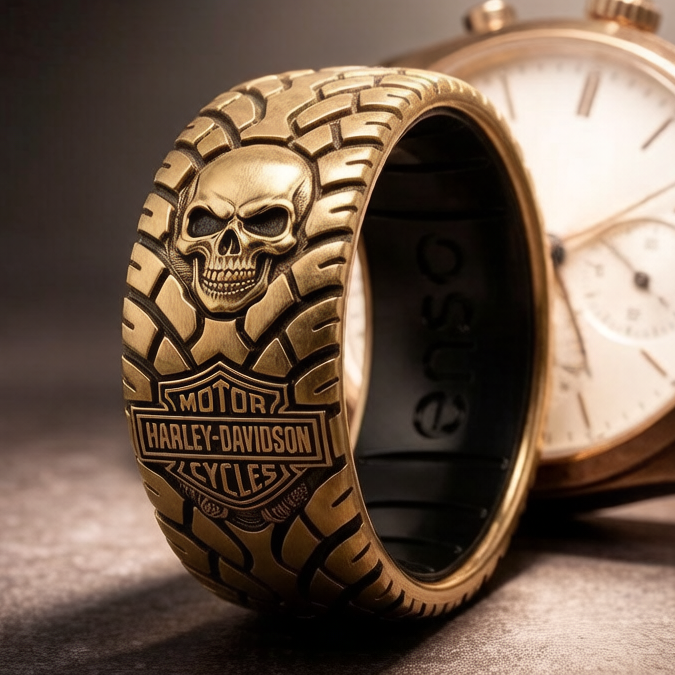 Vintage Harley-style rubber tire texture gold ring