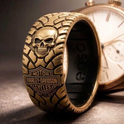 Vintage Harley-style rubber tire texture gold ring