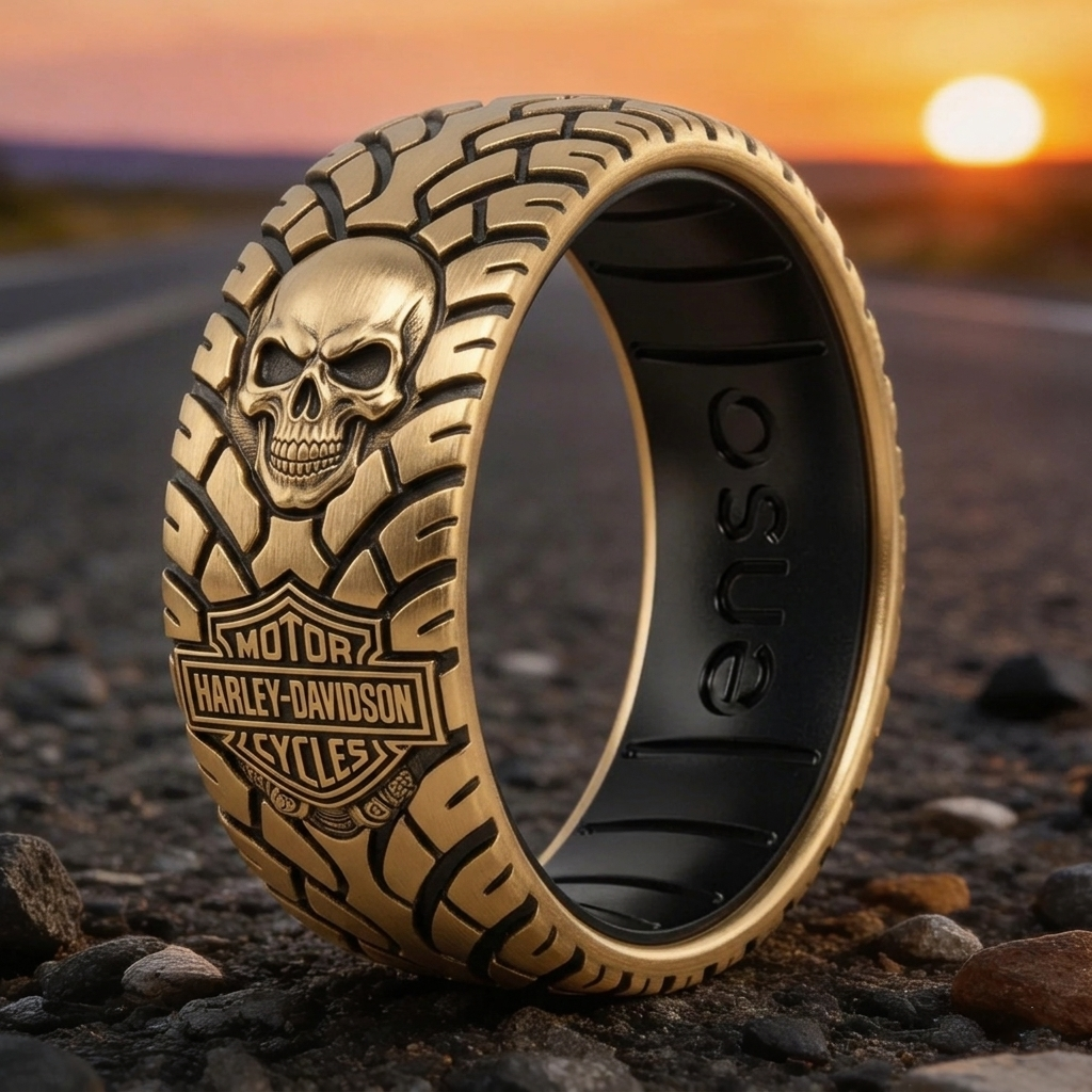 Vintage Harley-style rubber tire texture gold ring