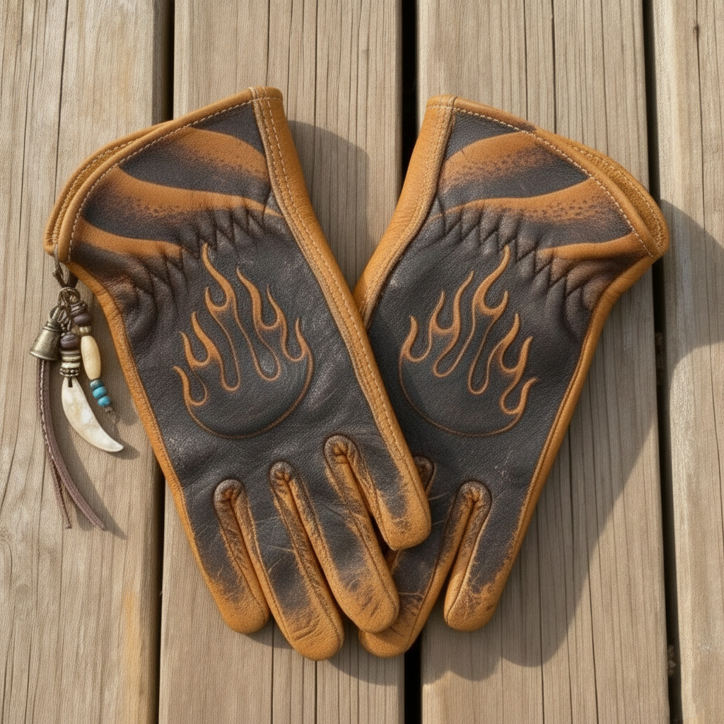 Hot Rod Style Flame Print Two-Tone Vintage Leather Gloves