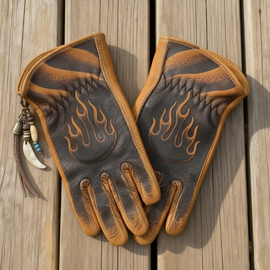 Hot Rod Style Flame Print Two-Tone Vintage Leather Gloves