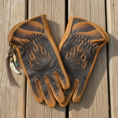 Hot Rod Style Flame Print Two-Tone Vintage Leather Gloves