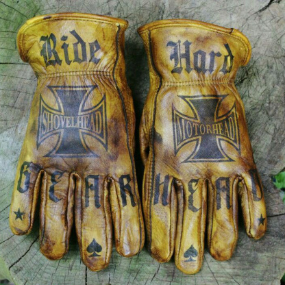 Hardcore Biker Iron Cross Printed Distressed Leather Riding Gloves