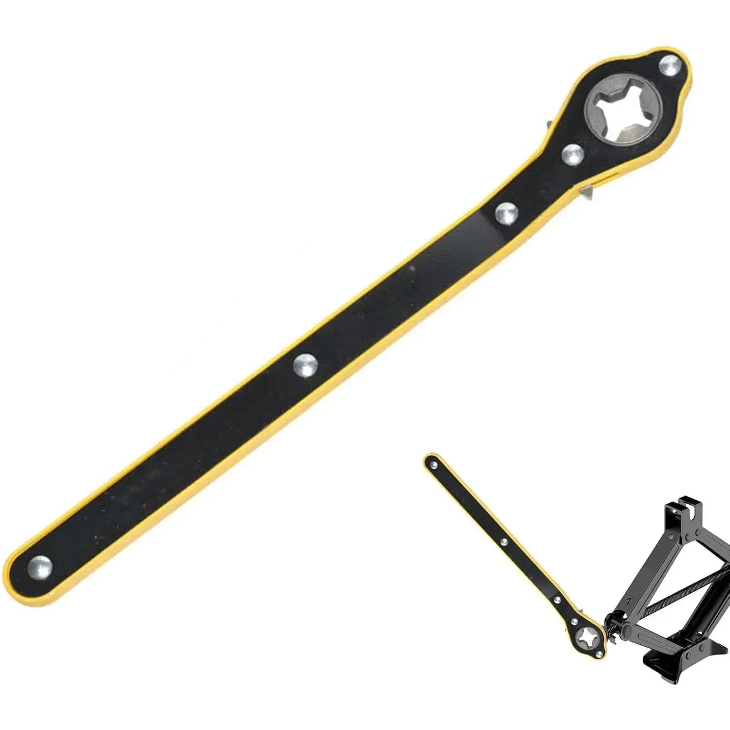 Upgrade your emergency kit with the High-Torque Jack Ratchet Wrench. Lift your vehicle in half the time with 80% less effort.