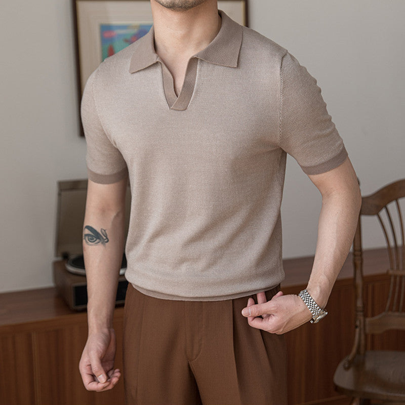 Buttonless Honeycomb Contrast Knitted Polo