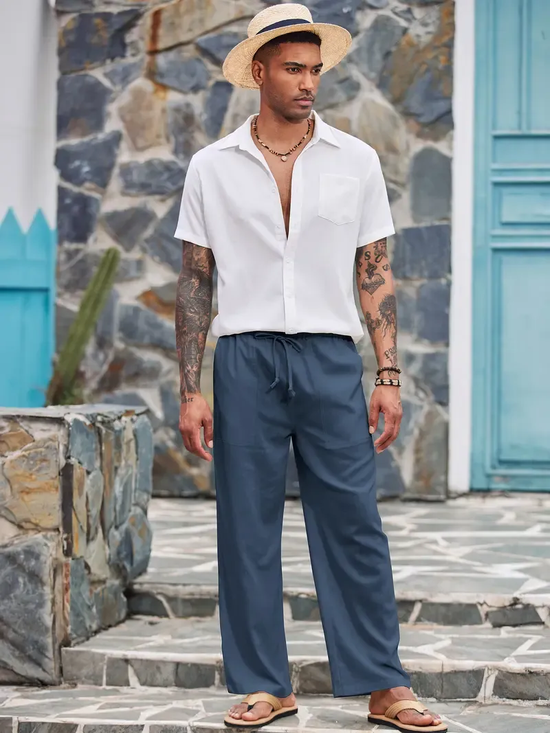 COOFANDY New York Fashion Week Linen Yoga Elastic Beach Vacation Pants Cotton Fabric Bottom Breathable Drawstring Light Loose Comfort Fit Adjustable Summer Trouser