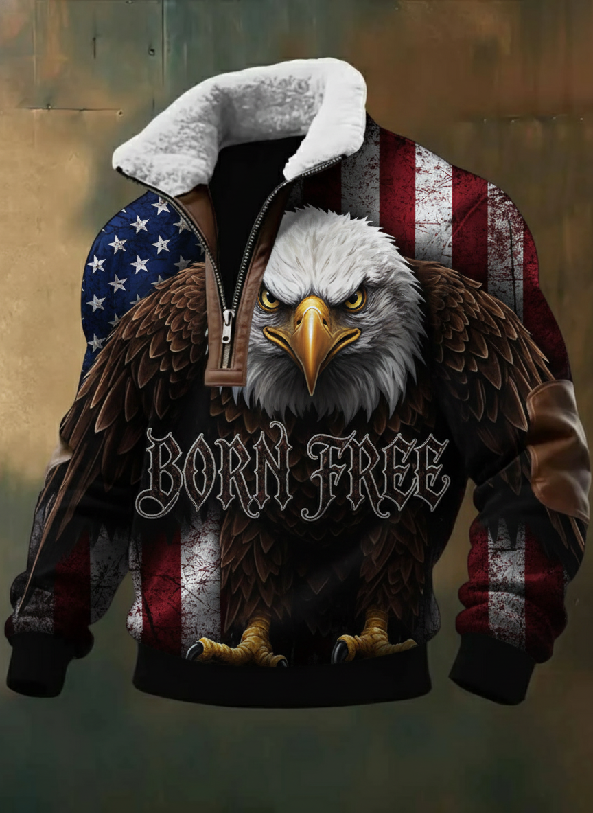 Patriotic Gothic Born Free Eagle Flag Sherpa Quarter-zip Jacket 