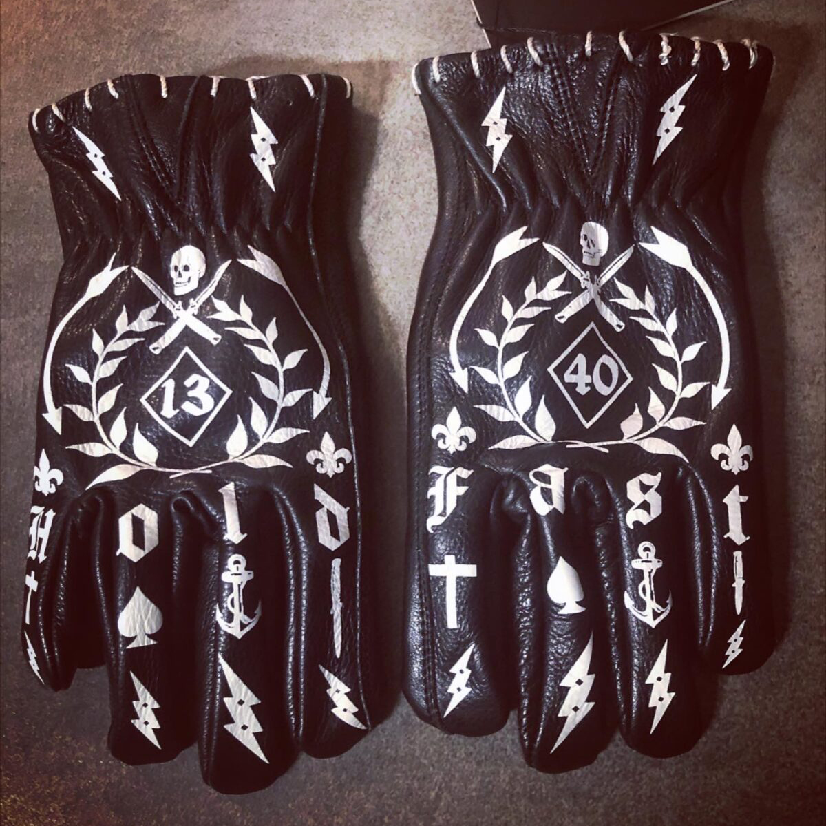 Gothic tattoo art printed black premium leather motorcycle riding gloves