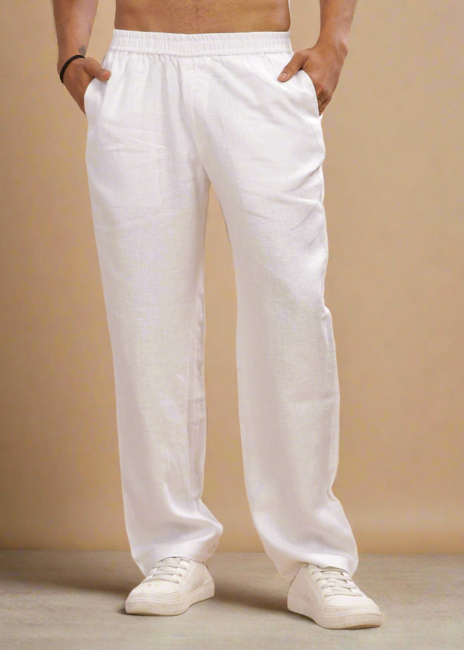 Linen Casual Elastic Pants - White
