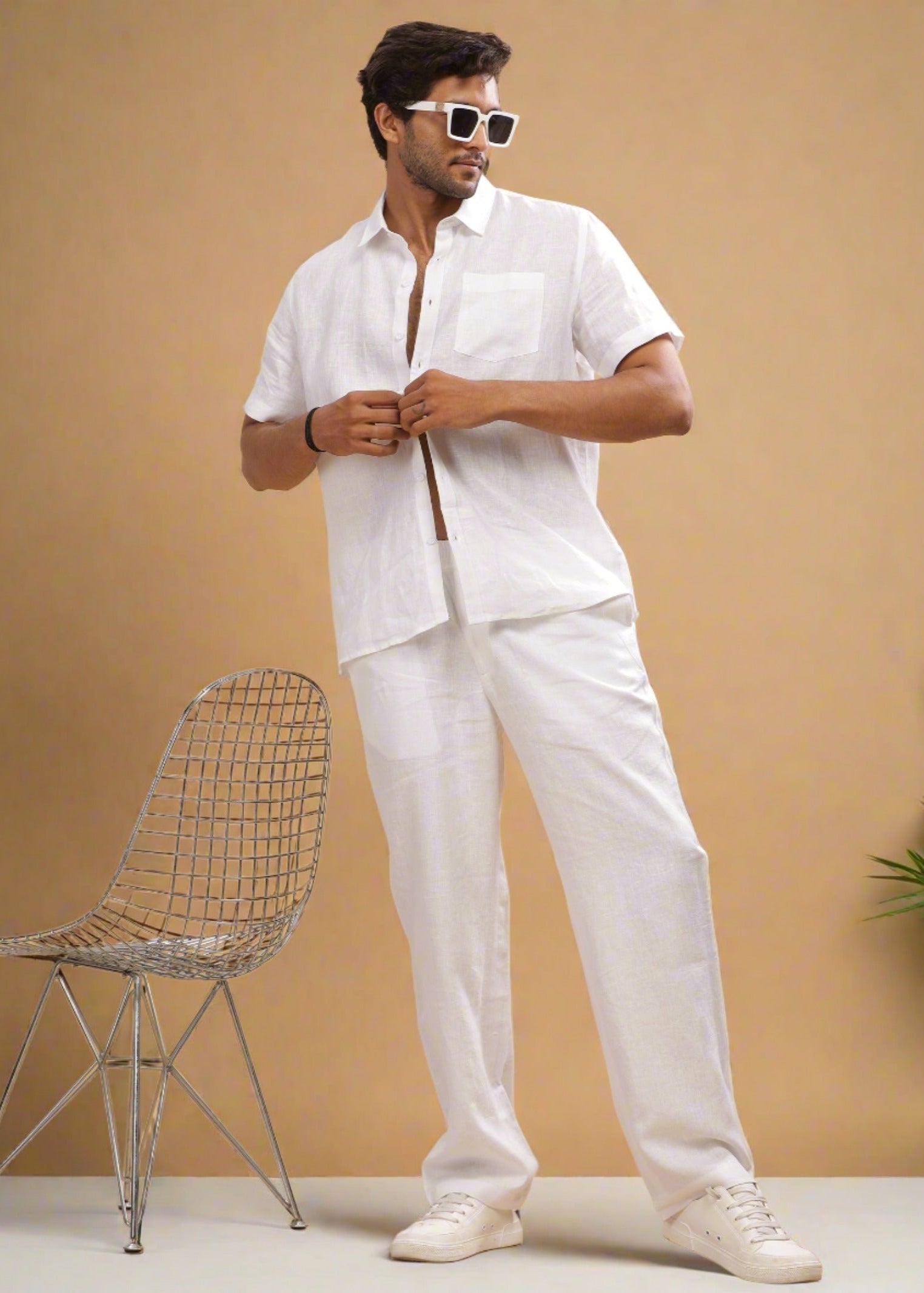 Linen Casual Elastic Pants - White