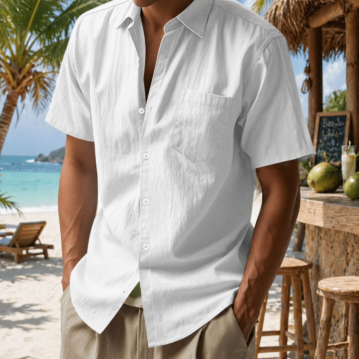 Linen Short-Sleeve Shirt – Solid Color, Breathable Lapel Design