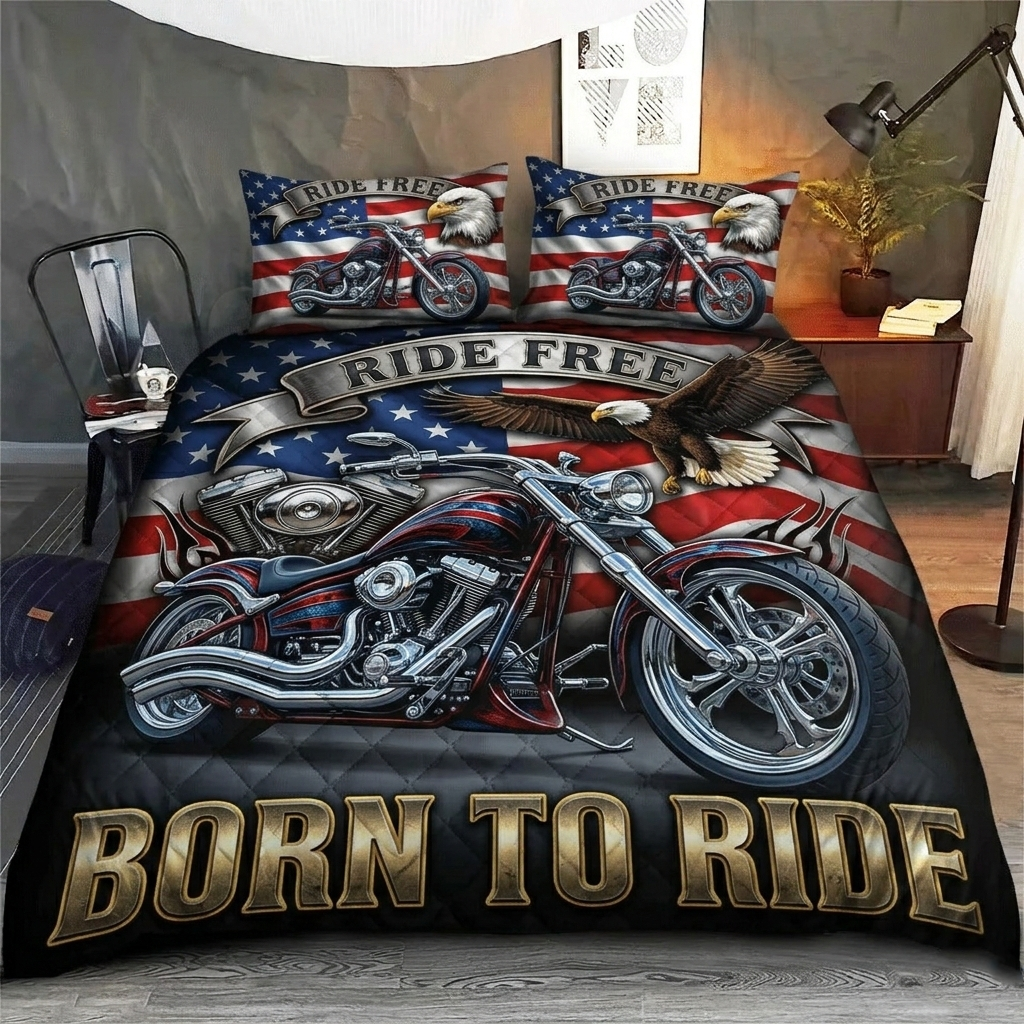 Patriotic Biker Born To Ride American Flag Motorcycle 3-Piece Quilted Bedding Set