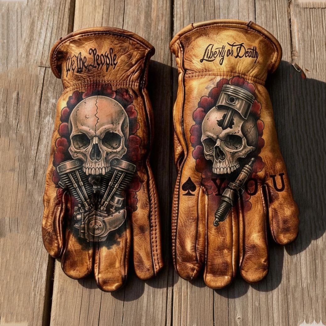 Hardcore biker style engine skull patriotic leather riding gloves
