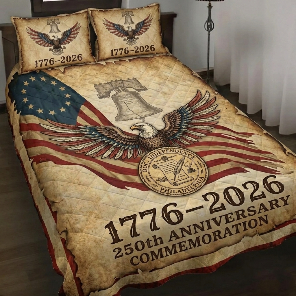Antique Parchment Liberty Bell 250th Anniversary Commemorative 3-Piece Quilted Bedding Set