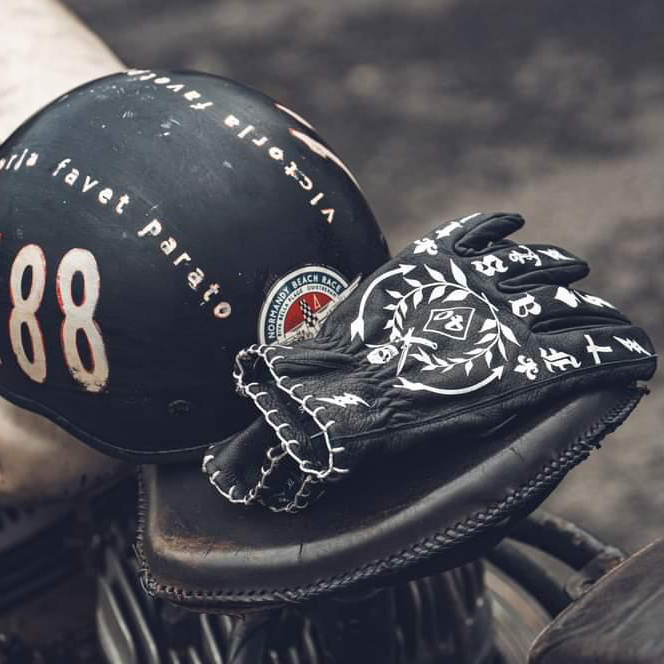 Gothic tattoo art printed black premium leather motorcycle riding gloves