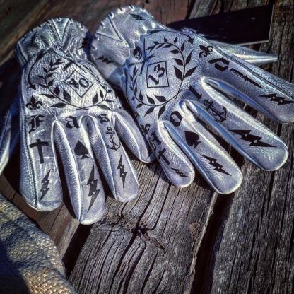 Tattoo inspired white distressed leather graphic printed motorcycle gloves